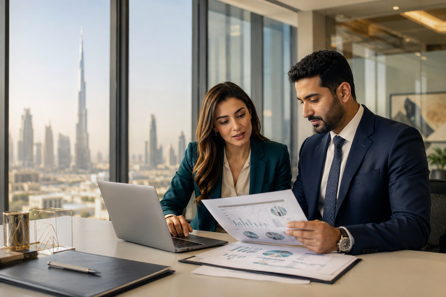 Financial reports being reviewed in a Dubai business setting